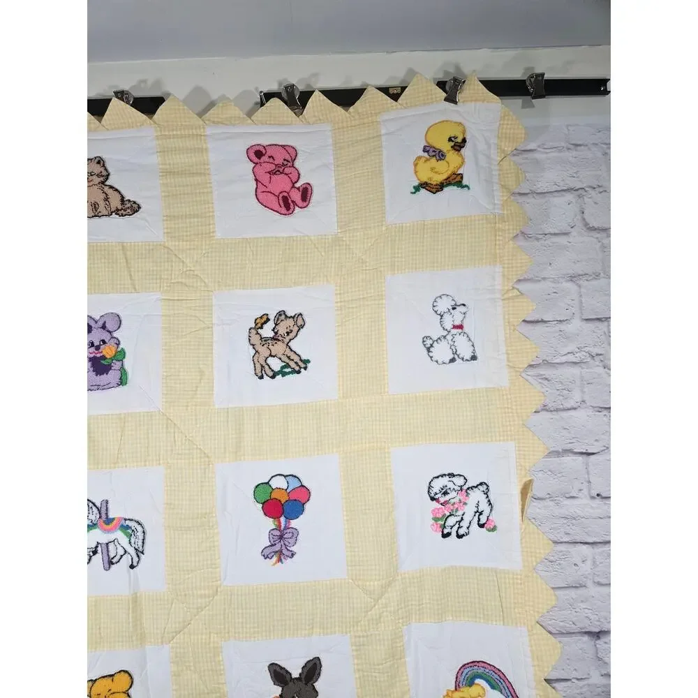 Vintage Handmade Baby Quilt 20 Embroidered Animal Blocks Circus Yellow 52x41